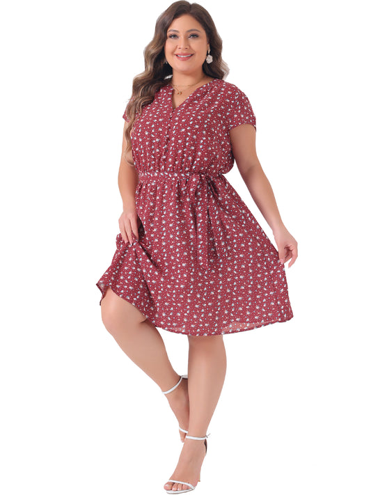 Women's Plus Size V Neck Belted Summer Floral Dresses