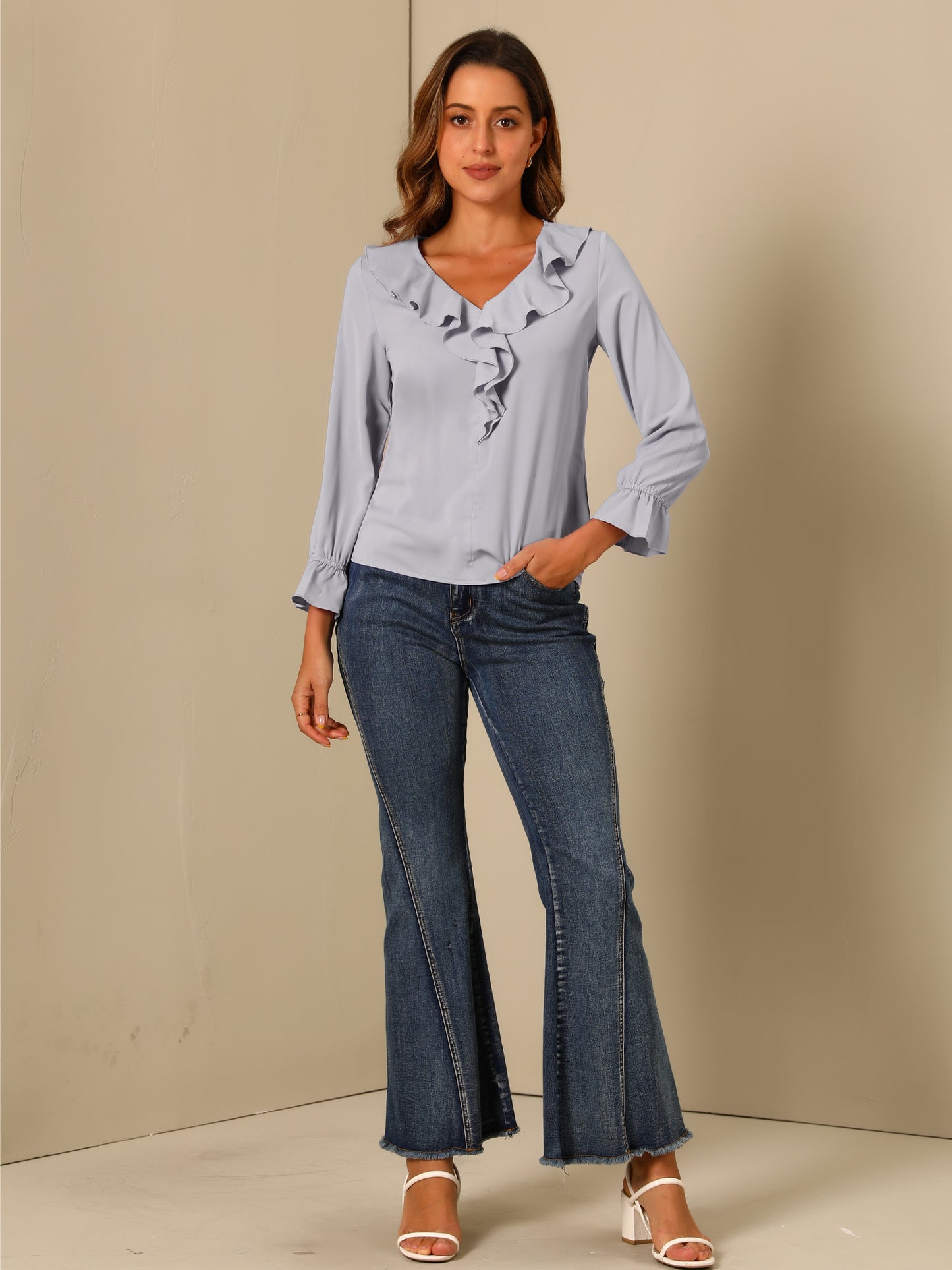Women's Ruffle Blouse Elegant V Neck Long Sleeve Casual Dressy Top