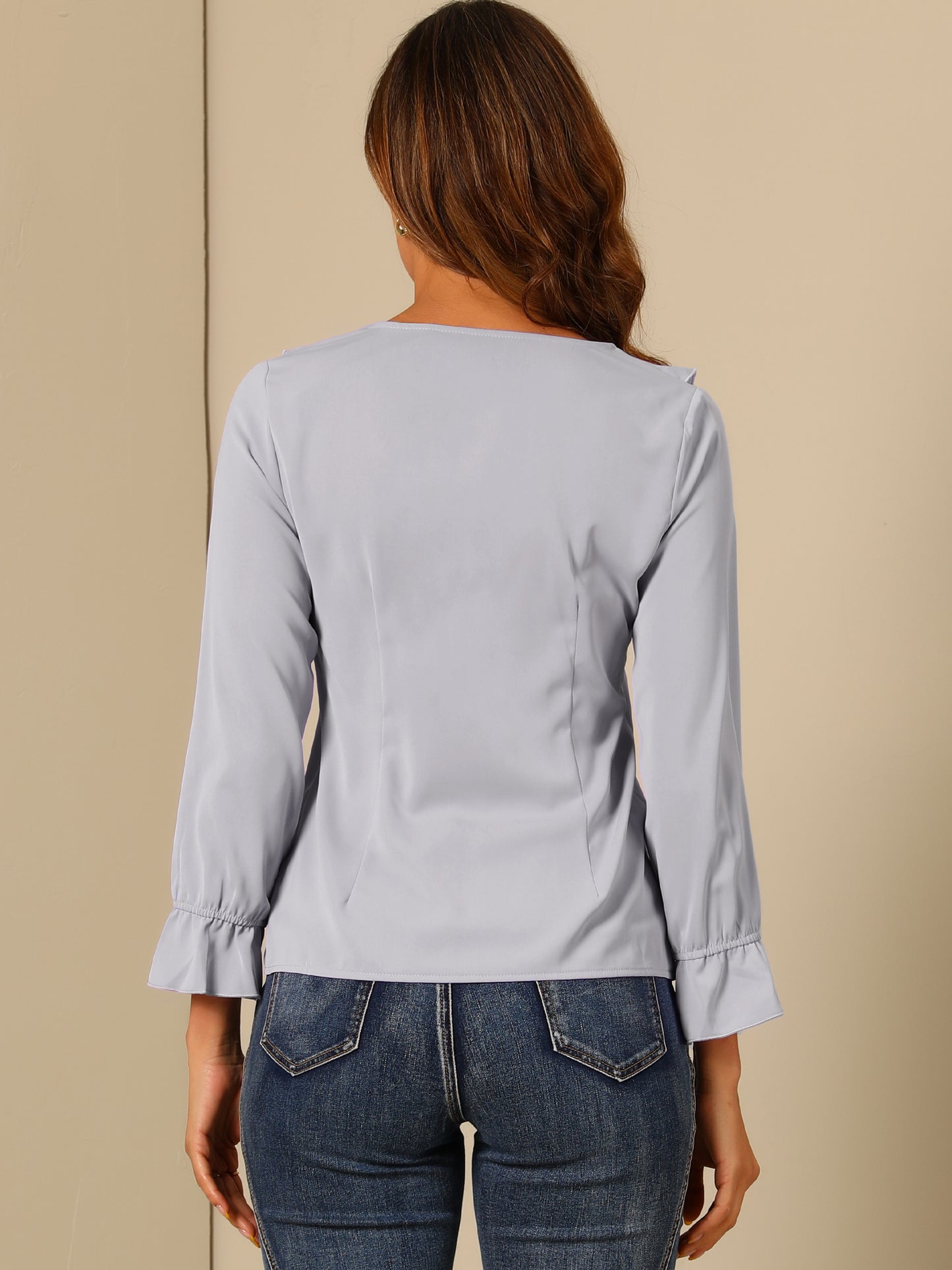 Women's Ruffle Blouse Elegant V Neck Long Sleeve Casual Dressy Top
