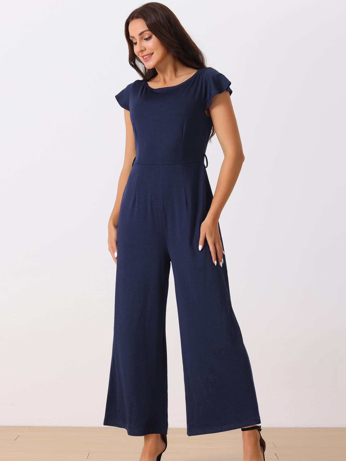 Women's Crew Neck Ruffle Cap Sleeve Belted High Waist Wide Leg Casual Jumpsuits with Pockets