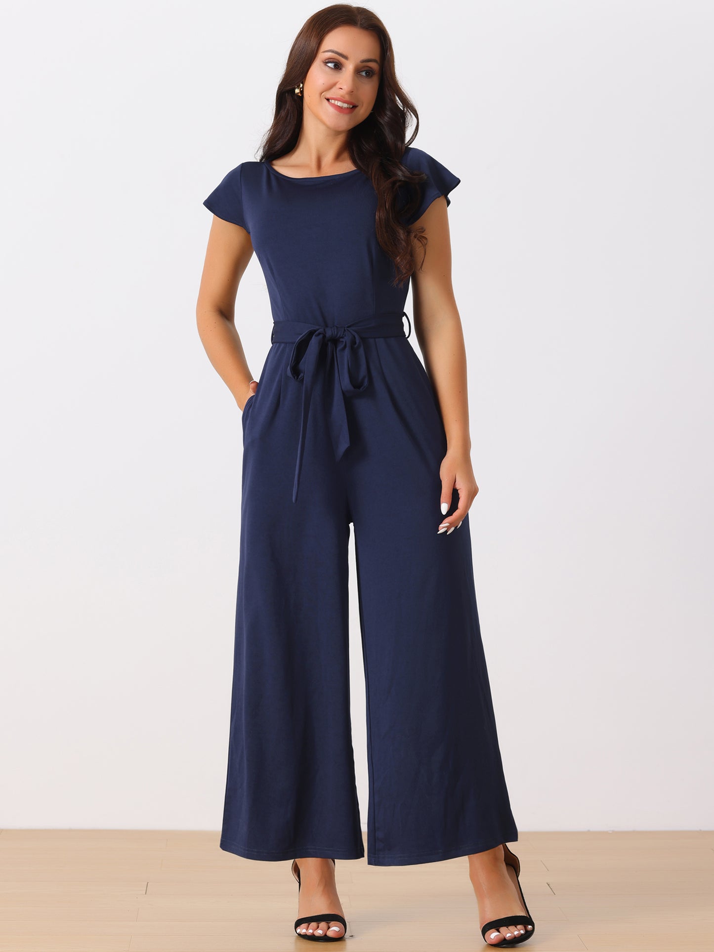 Women's Crew Neck Ruffle Cap Sleeve Belted High Waist Wide Leg Casual Jumpsuits with Pockets