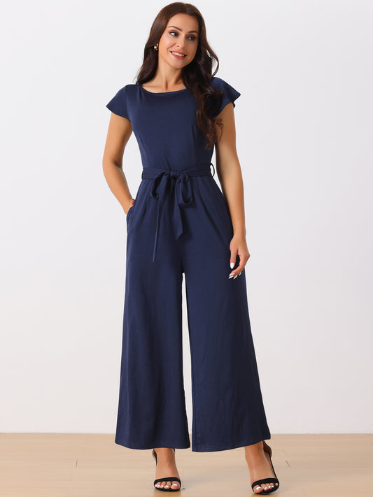 Women's Crew Neck Ruffle Cap Sleeve Belted High Waist Wide Leg Casual Jumpsuits with Pockets