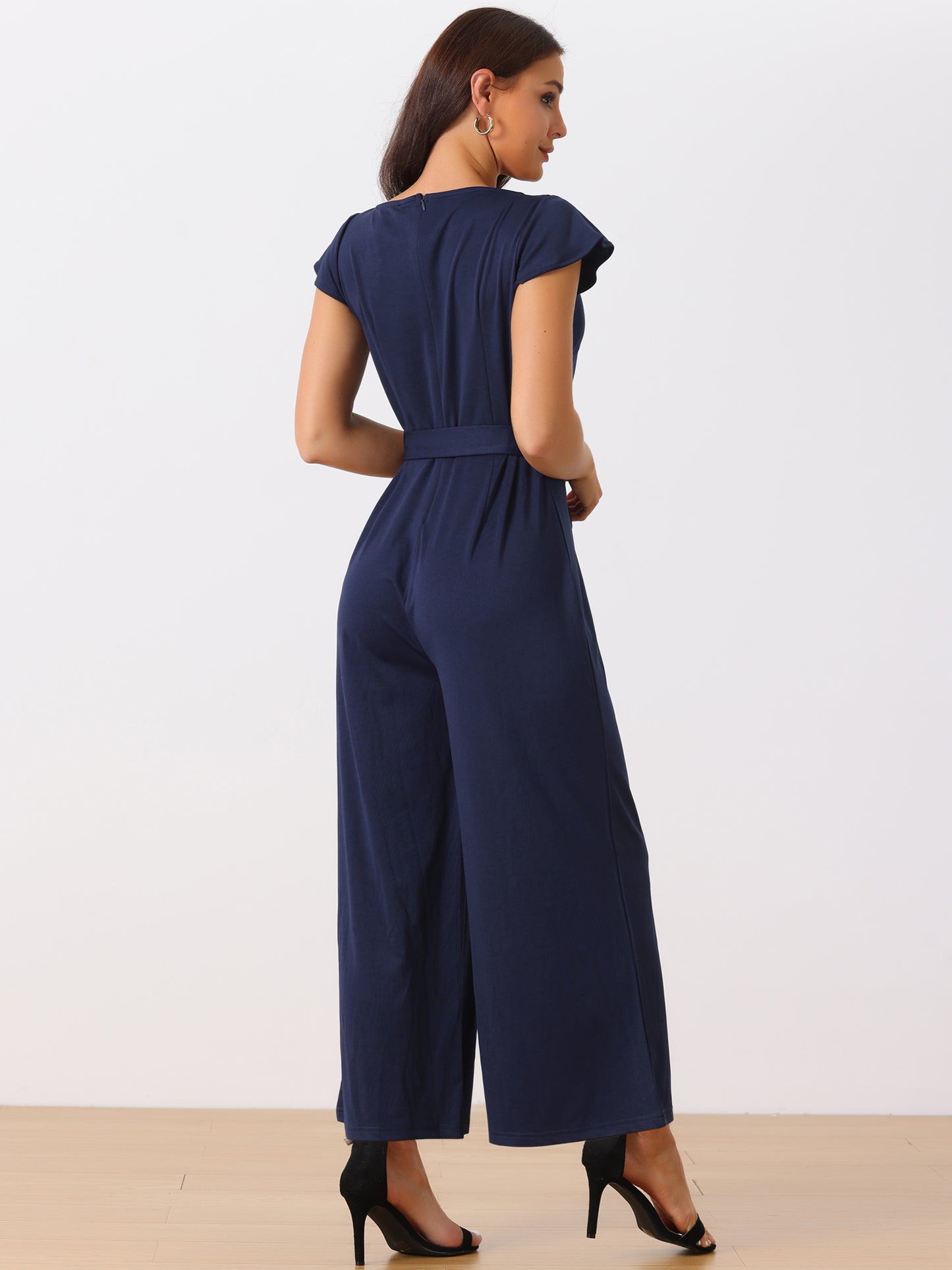 Women's Crew Neck Ruffle Cap Sleeve Belted High Waist Wide Leg Casual Jumpsuits with Pockets