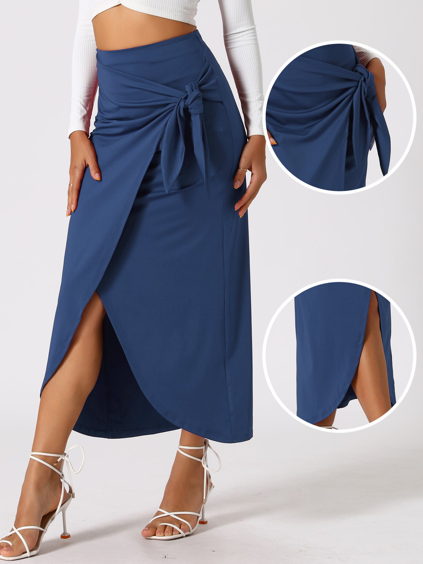 Women's Split Thigh Front High Waist Long Skirt Boho Wrap Draped Bodycon Skirt