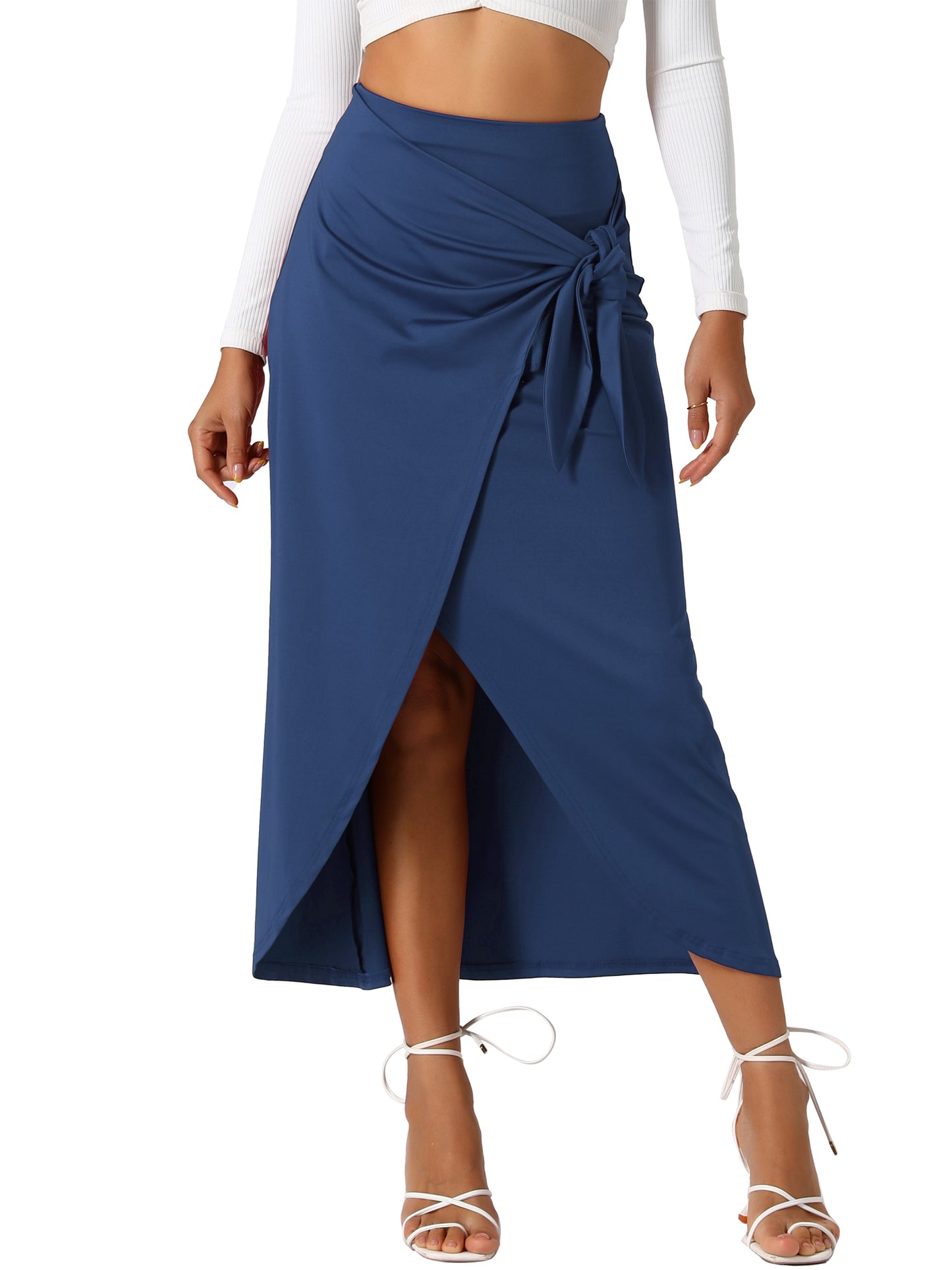 Women's Split Thigh Front High Waist Long Skirt Boho Wrap Draped Bodycon Skirt