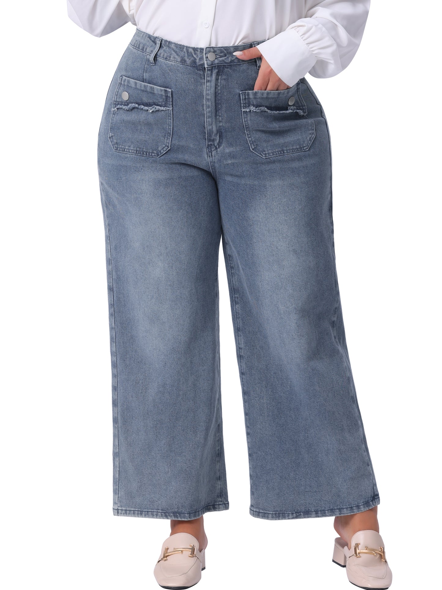 Women Plus Size Jeans Wide Leg Washed Stretch With Pockets Palazzo Denim Jeans
