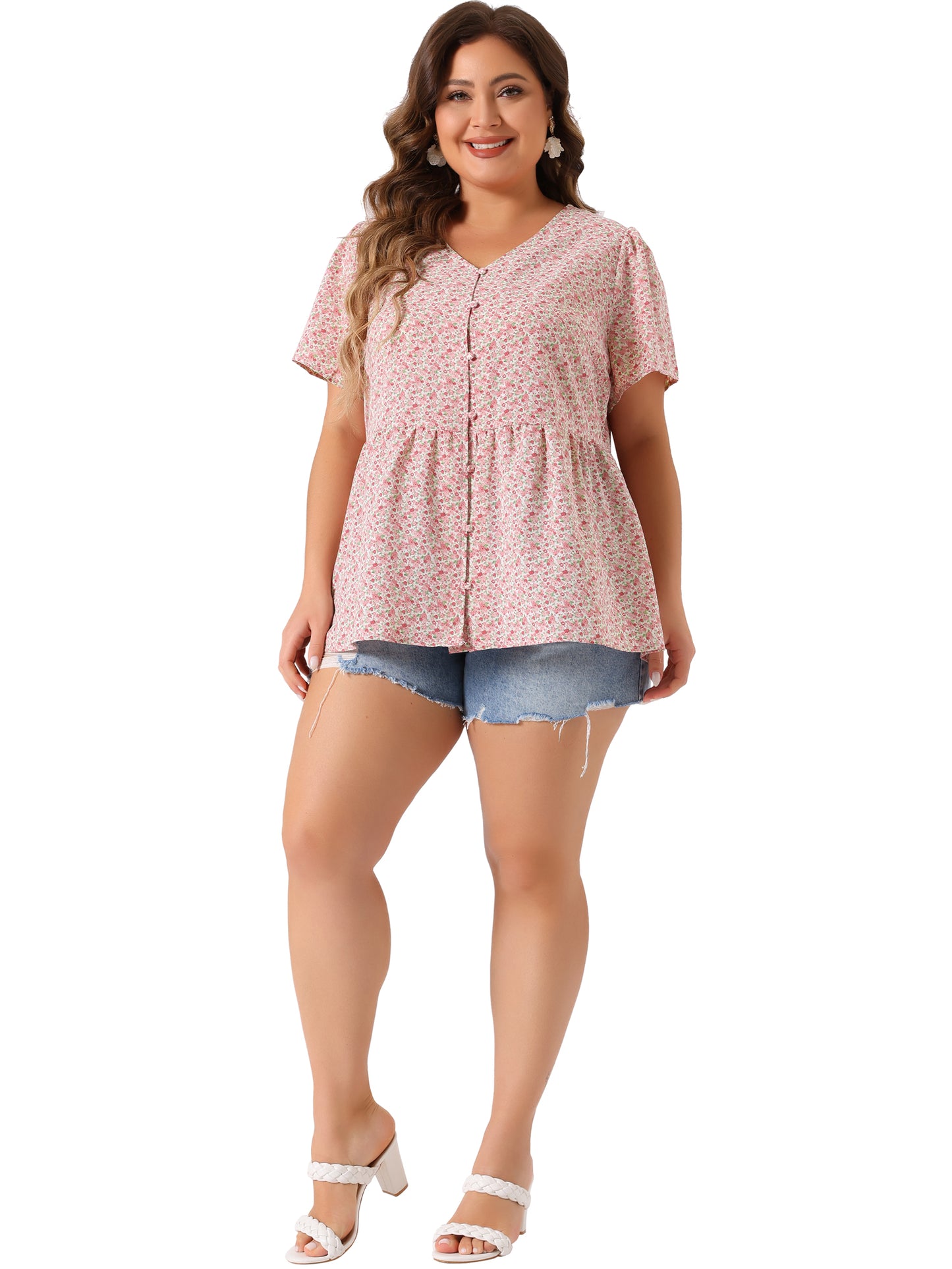 Women Plus Size Chiffon Shirt V Neck Ruffle Short Sleeve Floral Peplum Top