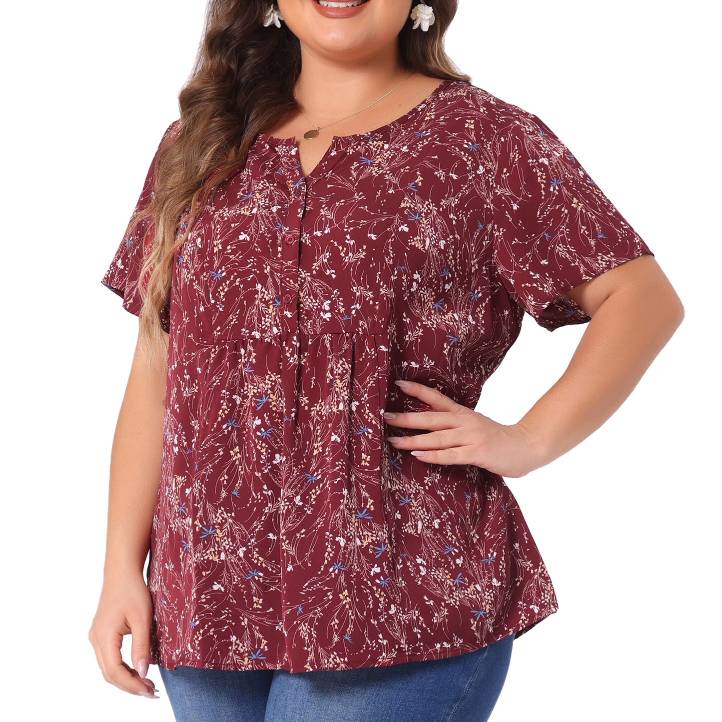 Women's Plus Size Summer Top Floral Half Placket Short Sleeve Blouse