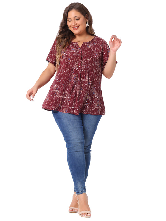 Women's Plus Size Summer Top Floral Half Placket Short Sleeve Blouse