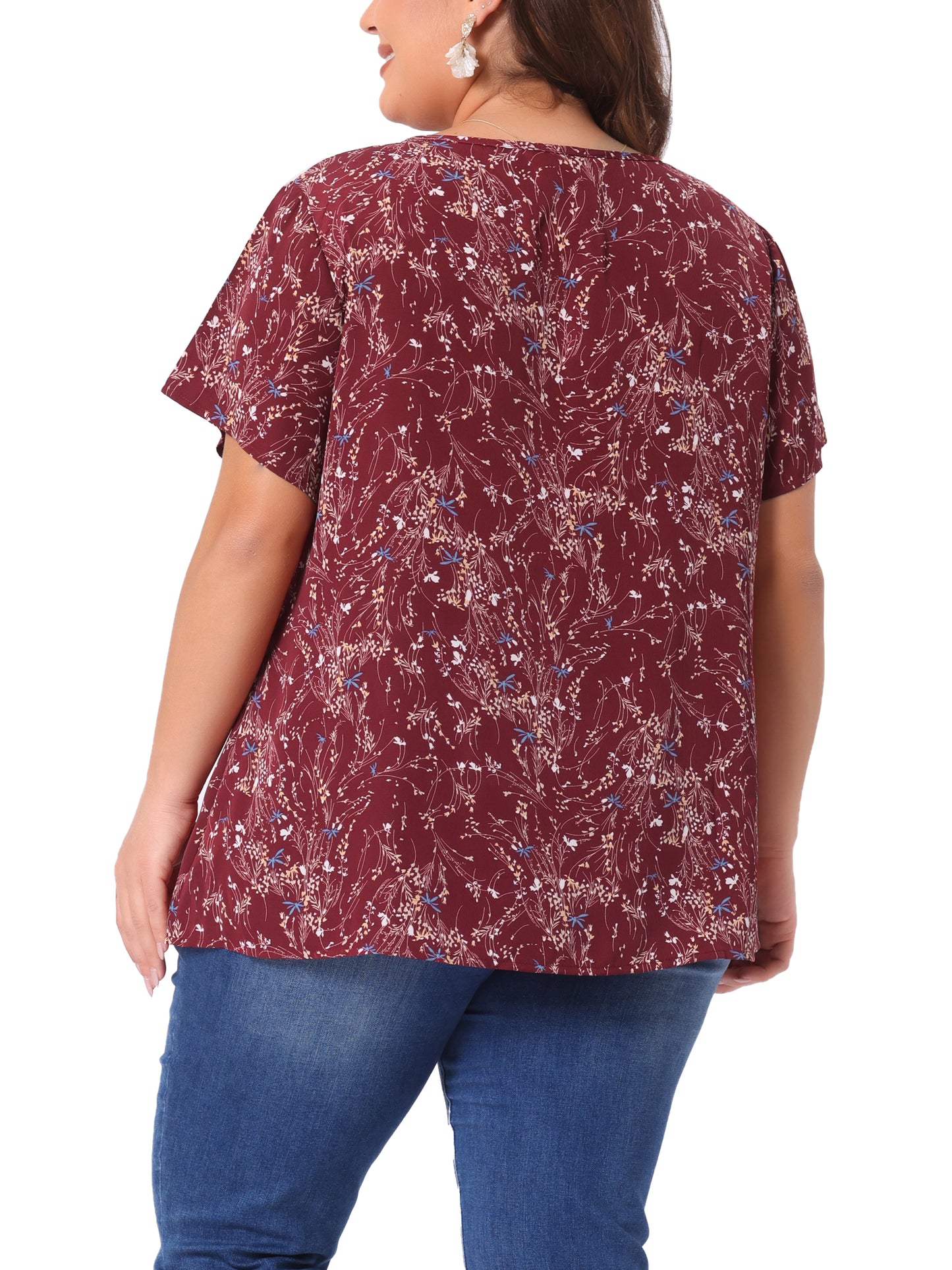 Women's Plus Size Summer Top Floral Half Placket Short Sleeve Blouse