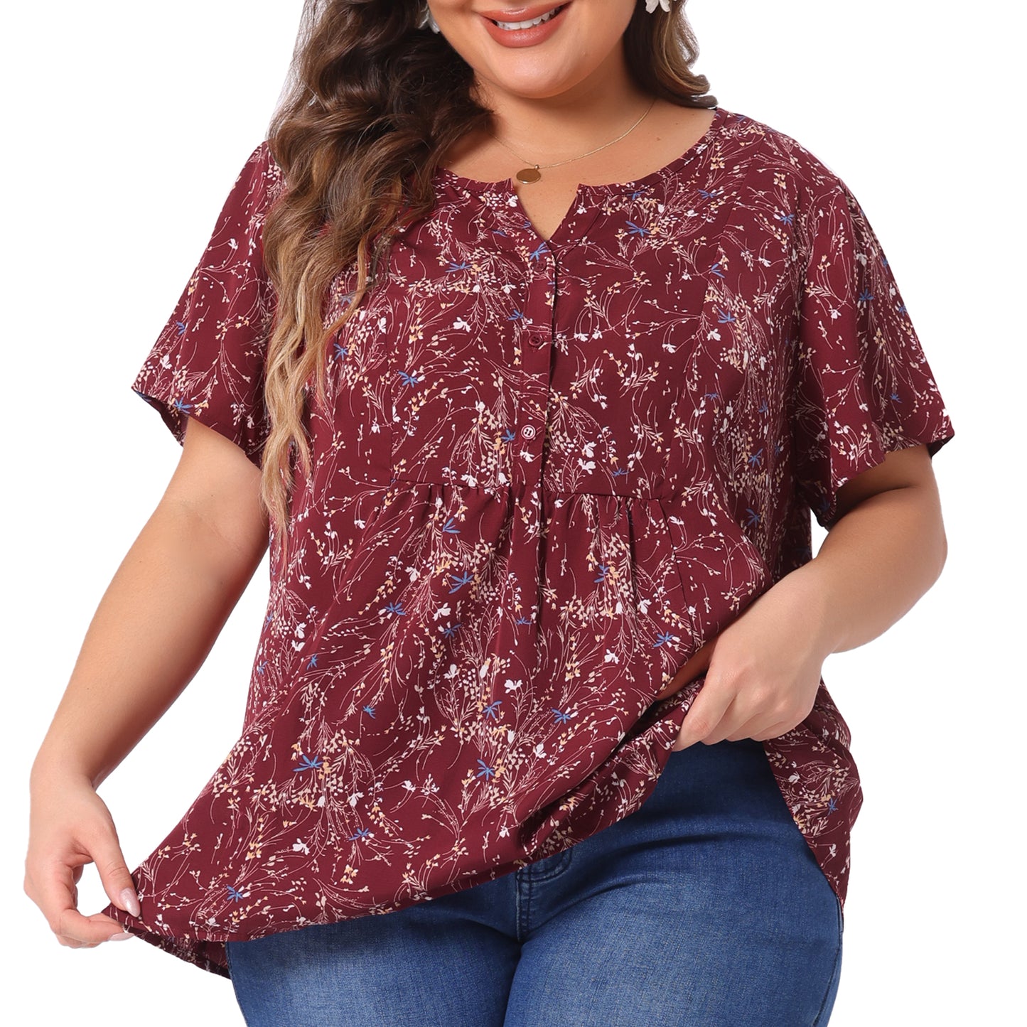 Women's Plus Size Summer Top Floral Half Placket Short Sleeve Blouse