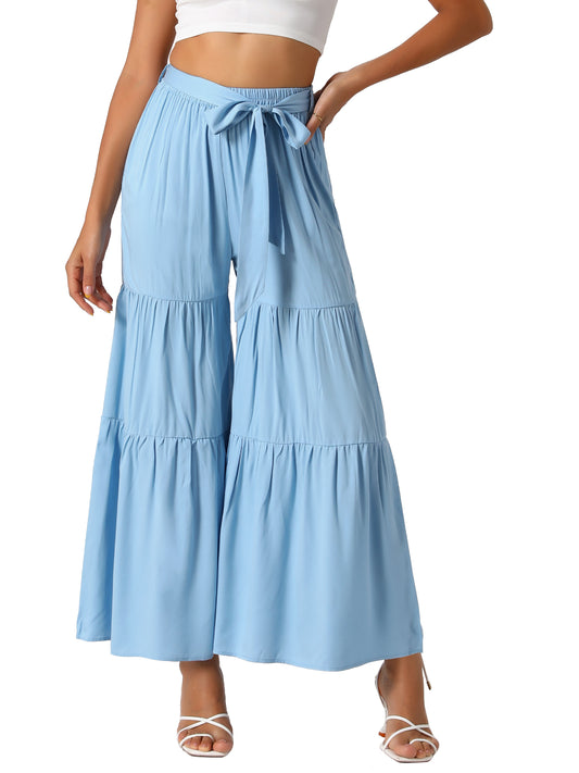 Women's Boho Elastic High Waisted Ruffles Flare Palazzo Wide Leg Pants