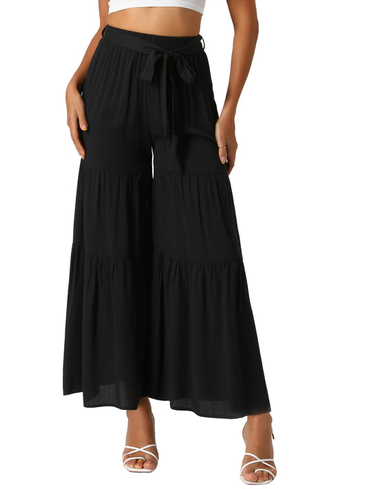 Women's Boho Elastic High Waisted Ruffles Flare Palazzo Wide Leg Pants