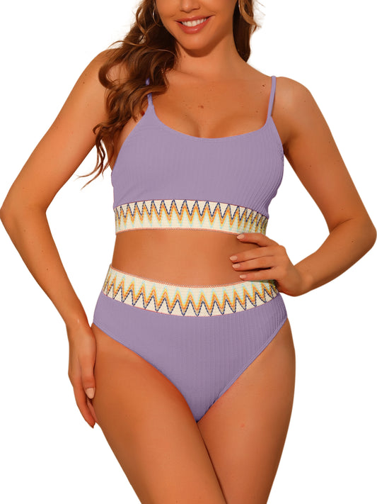 Women's High Waisted Ribbed Adjustable Spaghetti Straps 2 Pieces Bikini Set