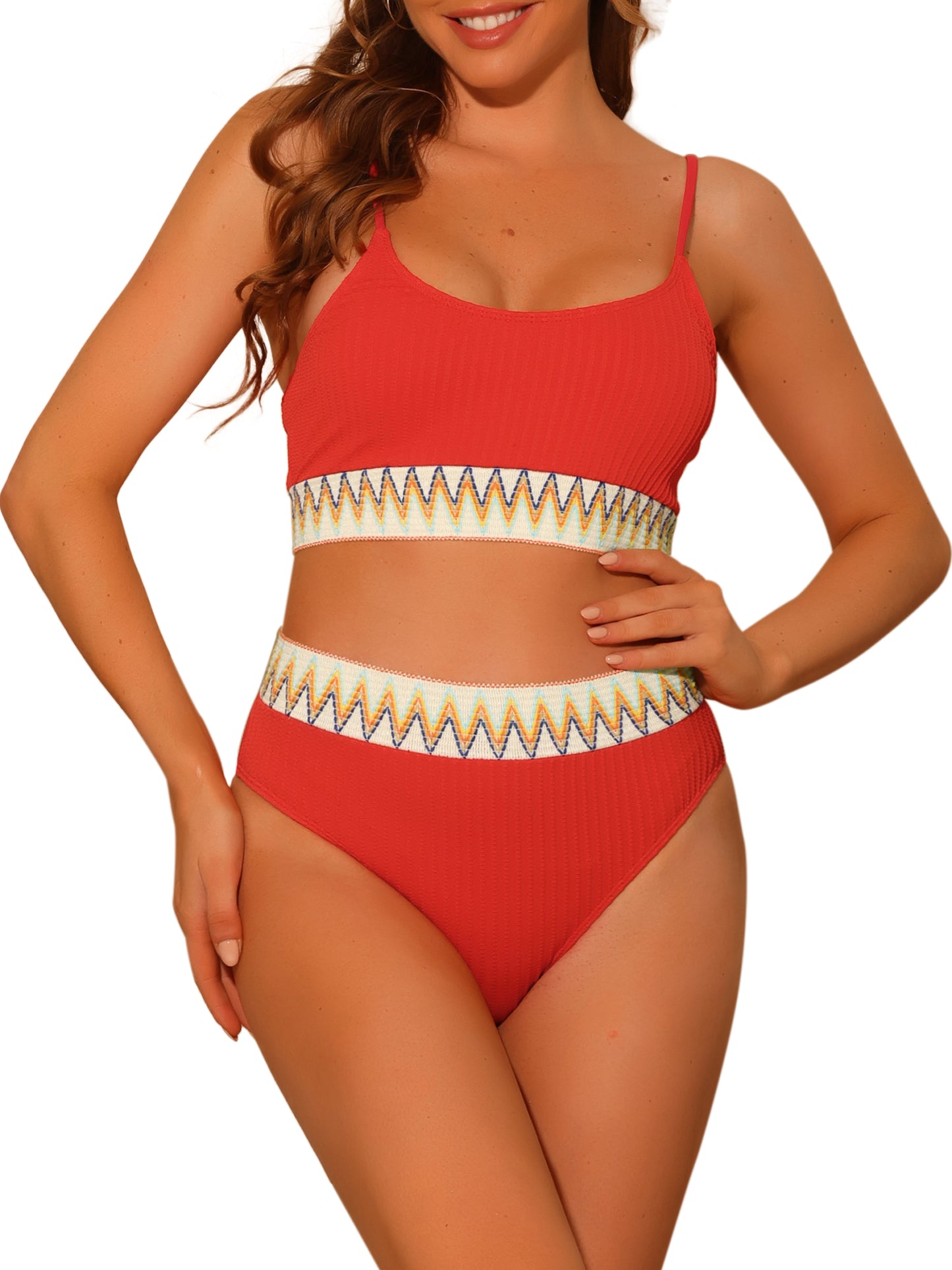 Women's High Waisted Ribbed Adjustable Spaghetti Straps 2 Pieces Bikini Set