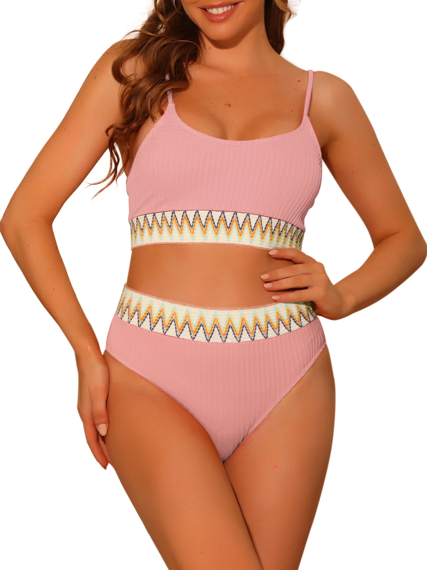 Women's High Waisted Ribbed Adjustable Spaghetti Straps 2 Pieces Bikini Set