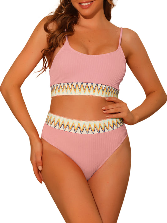 Women's High Waisted Ribbed Adjustable Spaghetti Straps 2 Pieces Bikini Set