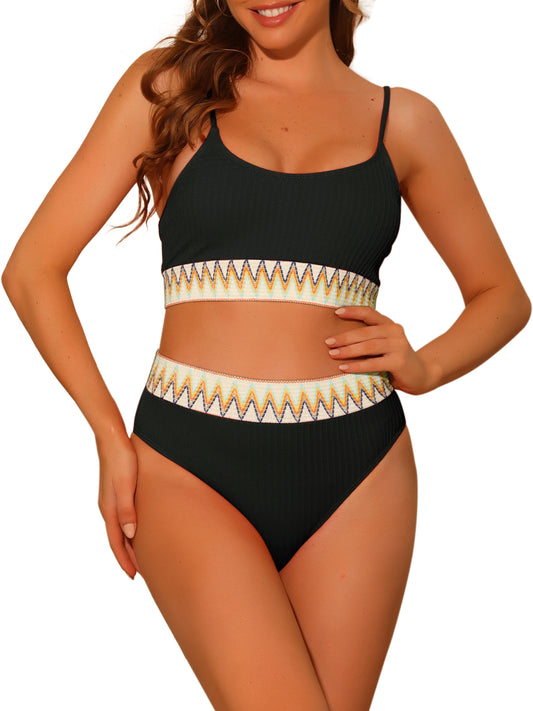 Women's High Waisted Ribbed Adjustable Spaghetti Straps 2 Pieces Bikini Set