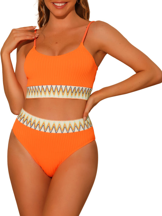 Women's High Waisted Ribbed Adjustable Spaghetti Straps 2 Pieces Bikini Set
