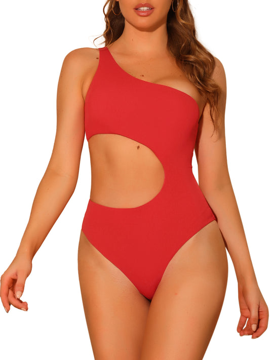 Women's One Piece One Shoulder Swimsuit Asymmetric Waist Cutout Solid Swimwear Bathing Suit Monokini