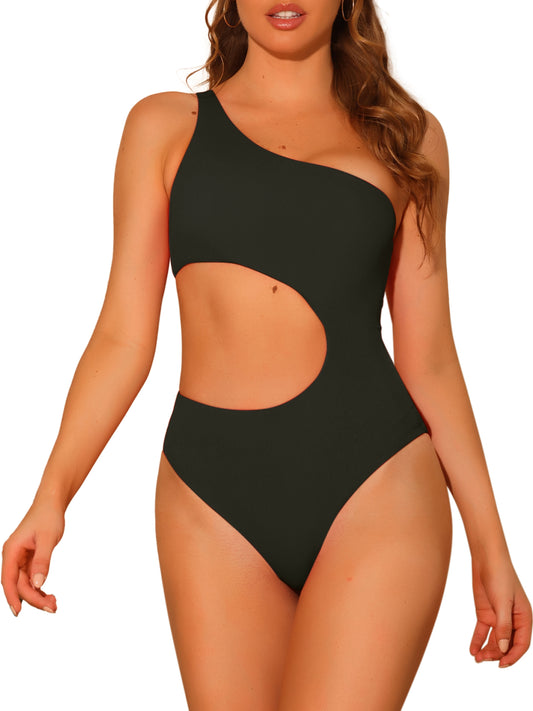 Women's One Piece One Shoulder Swimsuit Asymmetric Waist Cutout Solid Swimwear Bathing Suit Monokini