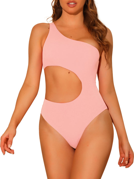 Women's One Piece One Shoulder Swimsuit Asymmetric Waist Cutout Solid Swimwear Bathing Suit Monokini