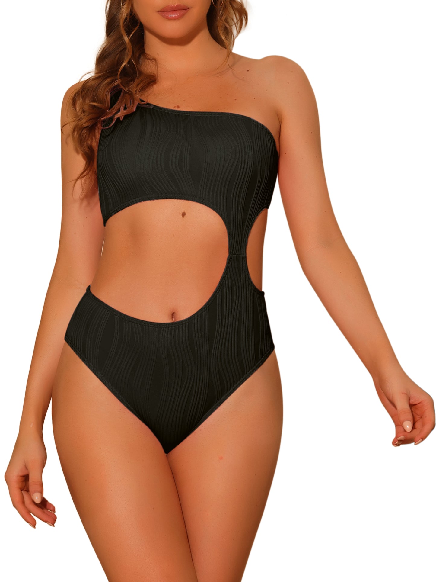 Women's One Piece One Shoulder Swimsuit Asymmetric Waist Cutout Ribbed Swimwear Bathing Suit Monokini