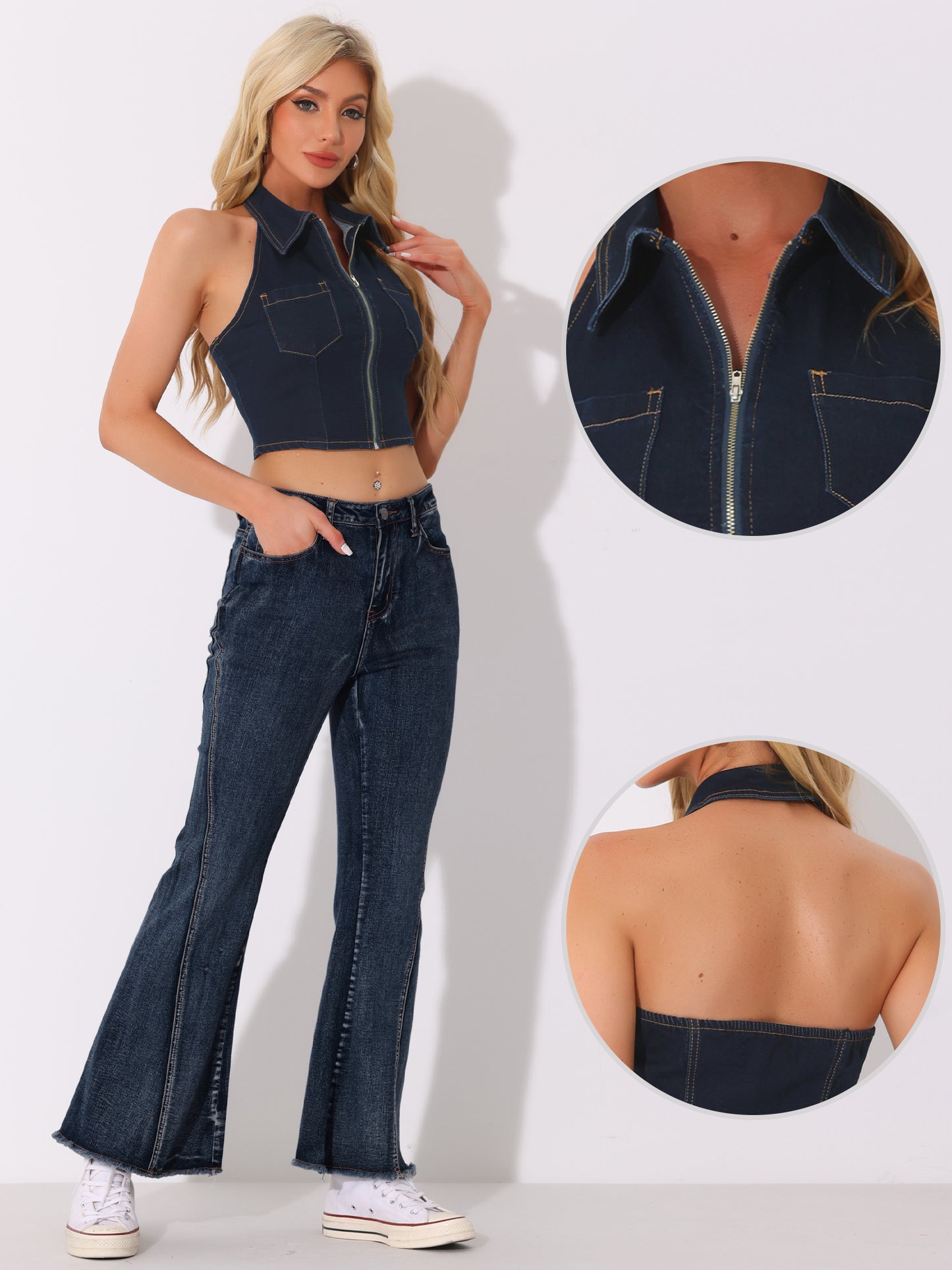 Women's Zipper Up Collared Sleeveless Jean Corset Denim Halter Top