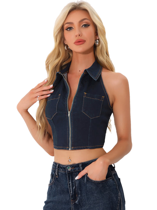 Women's Zipper Up Collared Sleeveless Jean Corset Denim Halter Top