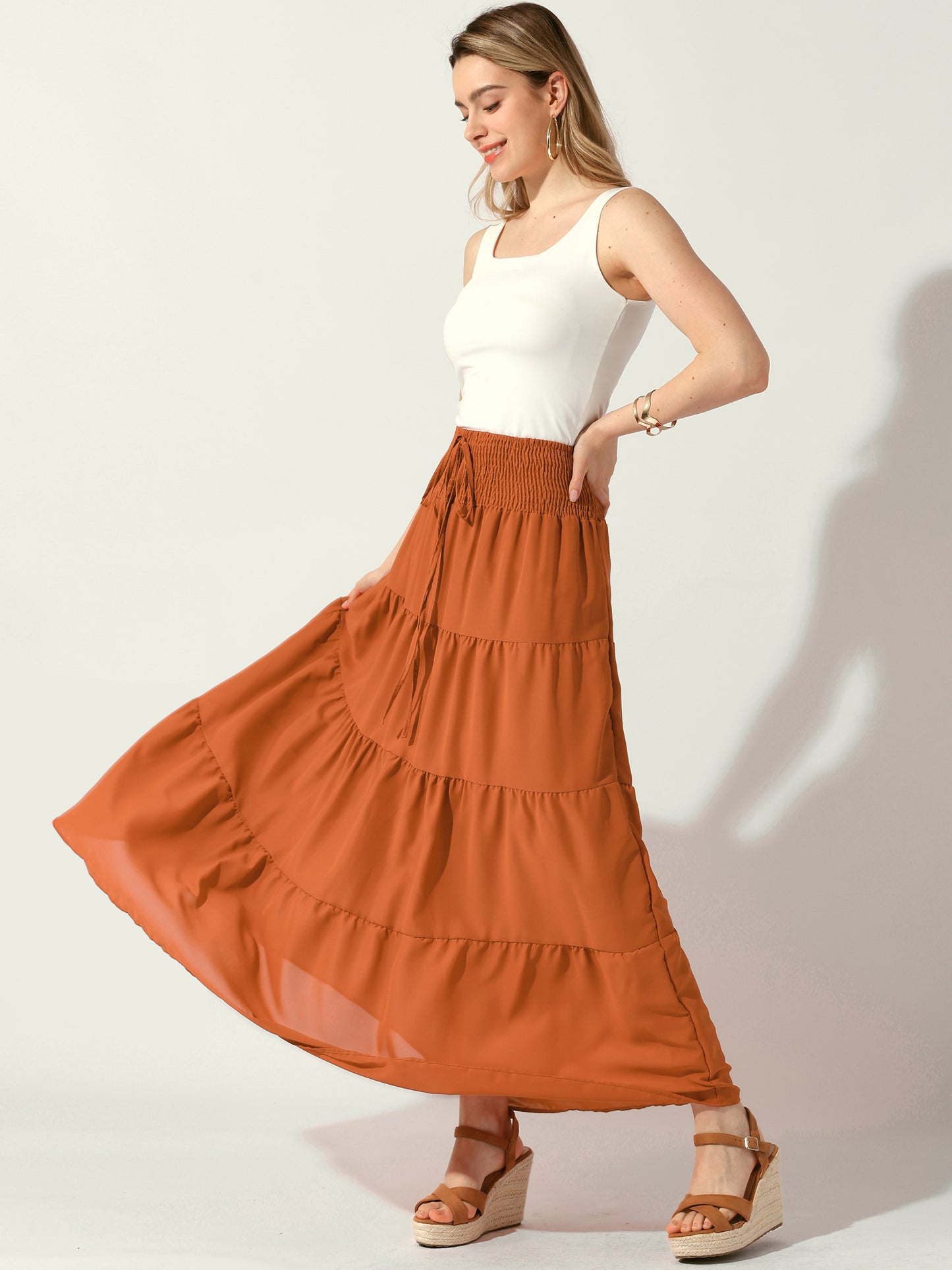 Women's Boho Skirts Maxi Summer Beach Elastic Waist Tiered Smocked Flowy A-Line Skirt