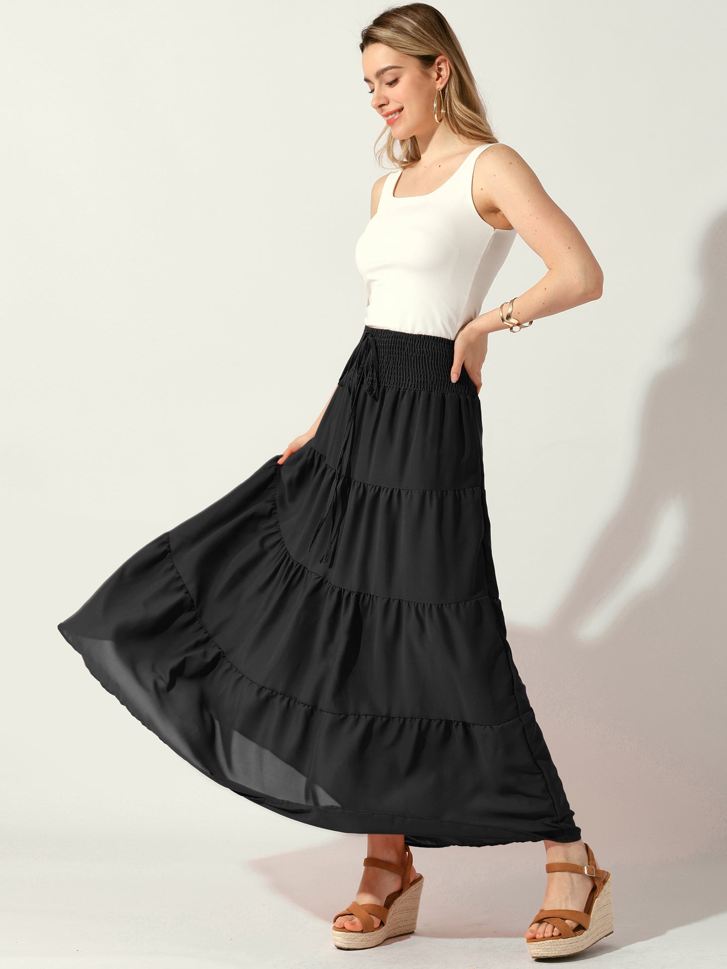 Women's Boho Skirts Maxi Summer Beach Elastic Waist Tiered Smocked Flowy A-Line Skirt