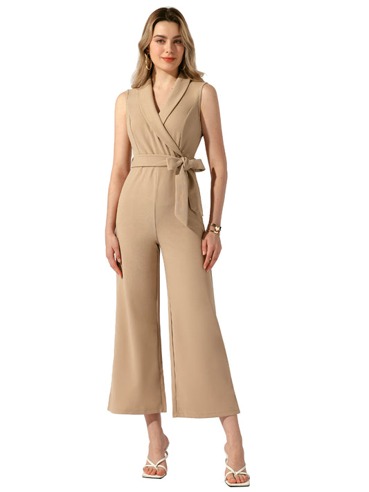 Women's Elegant Office Work Sleeveless Wide Belted Leg Jumpsuit Romper