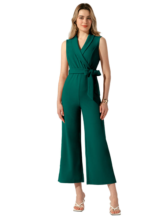 Women's Elegant Office Work Sleeveless Wide Belted Leg Jumpsuit Romper