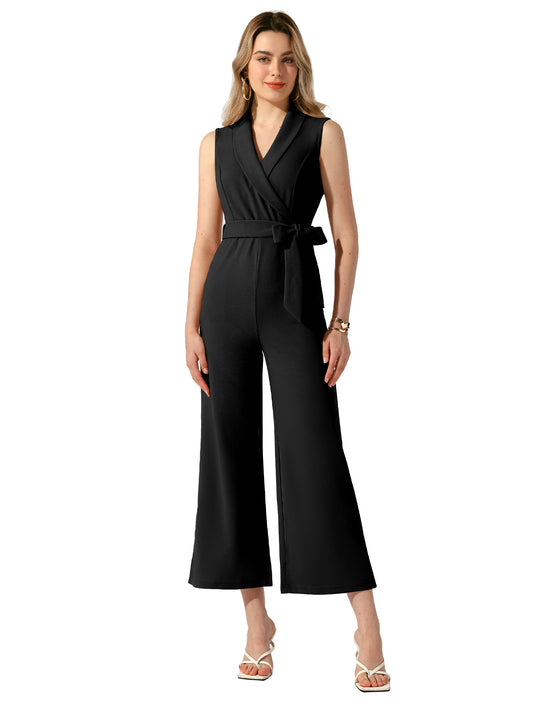 Women's Elegant Office Work Sleeveless Wide Belted Leg Jumpsuit Romper