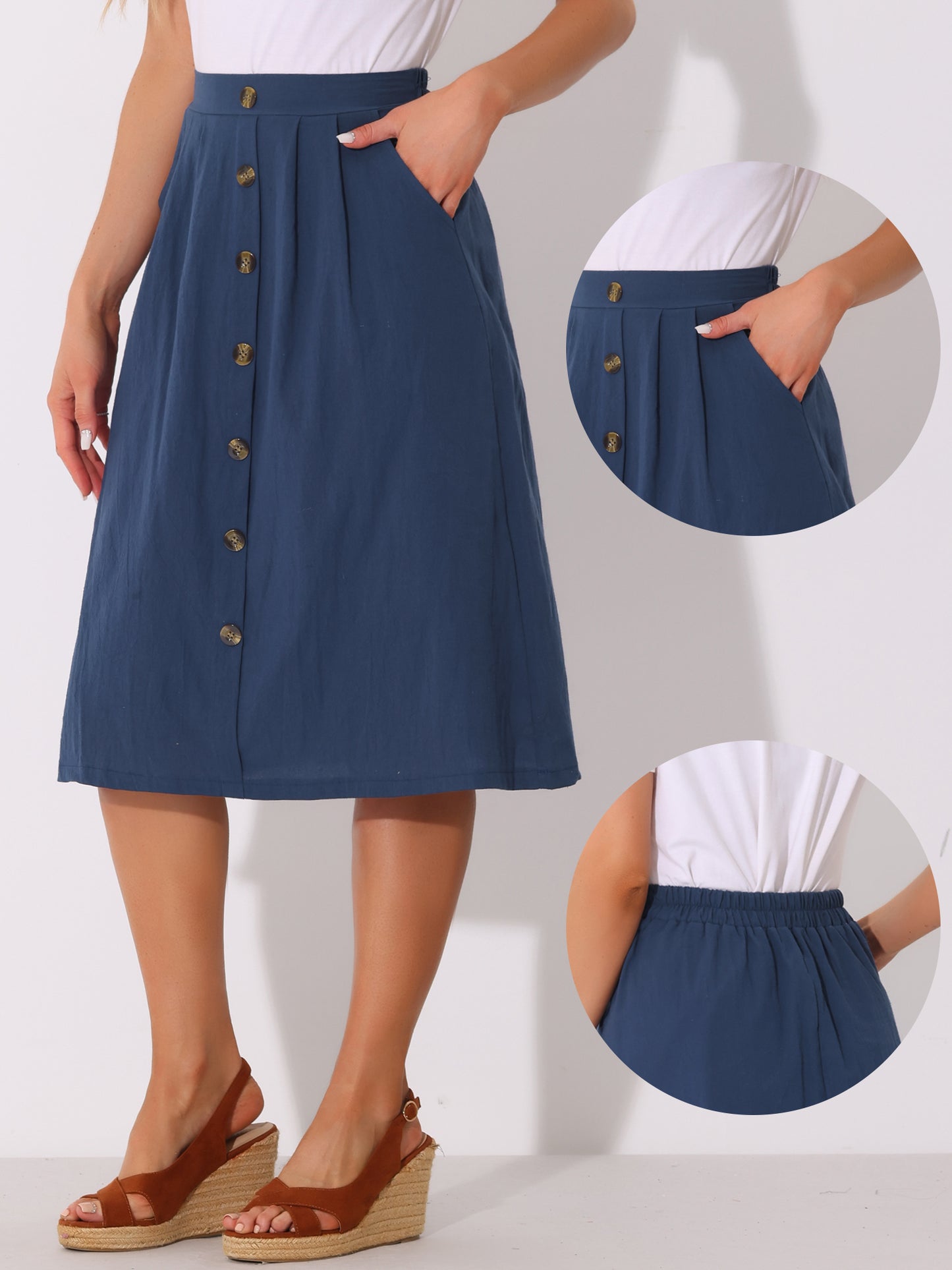 Women Casual High Elastic Waist Button Pleated A Line Midi Skirt with Pockets