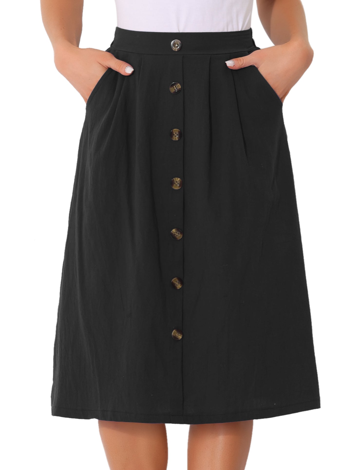 Women Casual High Elastic Waist Button Pleated A Line Midi Skirt with Pockets