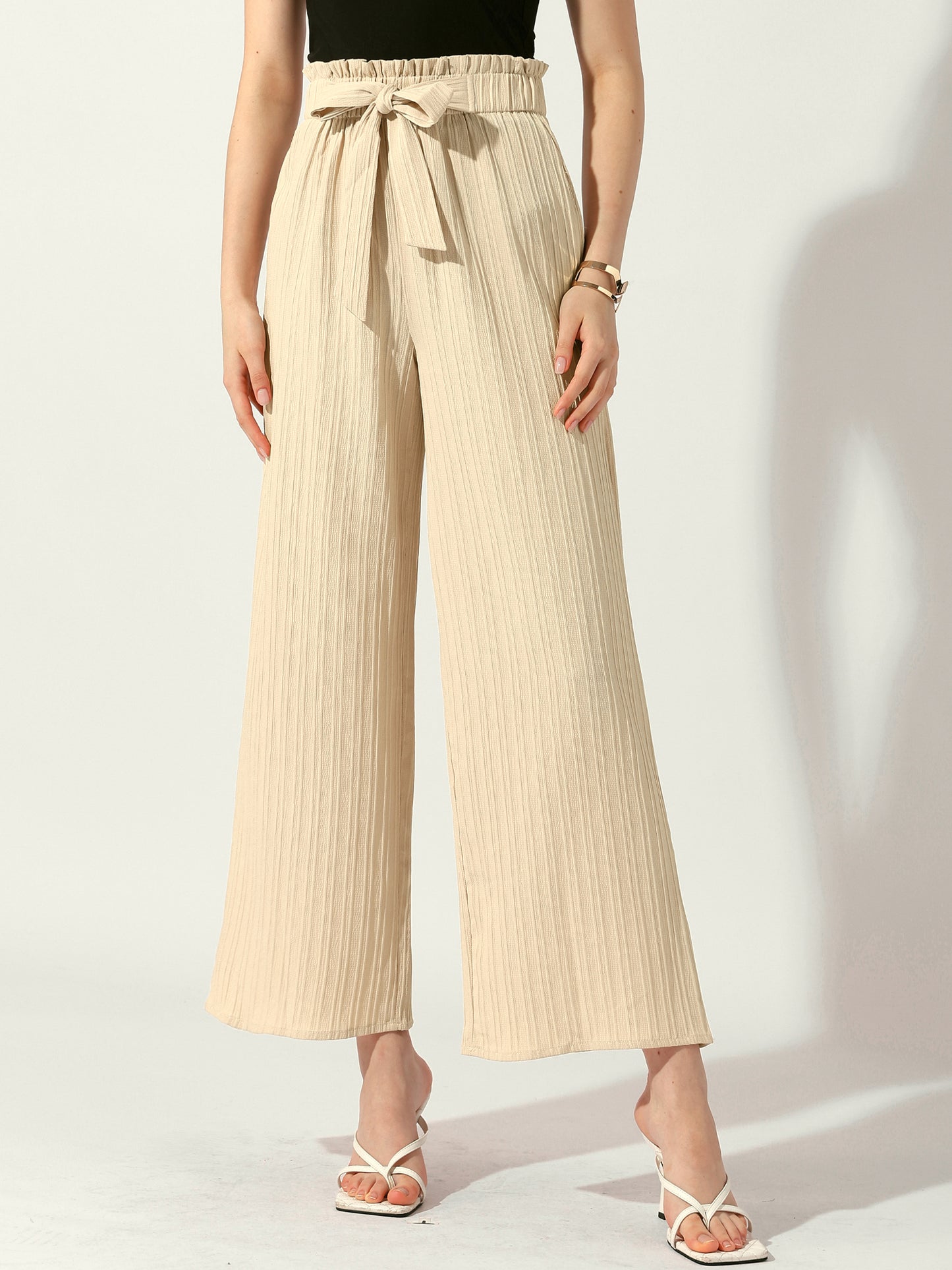 Pantalones casuales de oficina para mujer, de pierna ancha, con cintura elástica, nudo anudado, plisados ​​y bolsillos