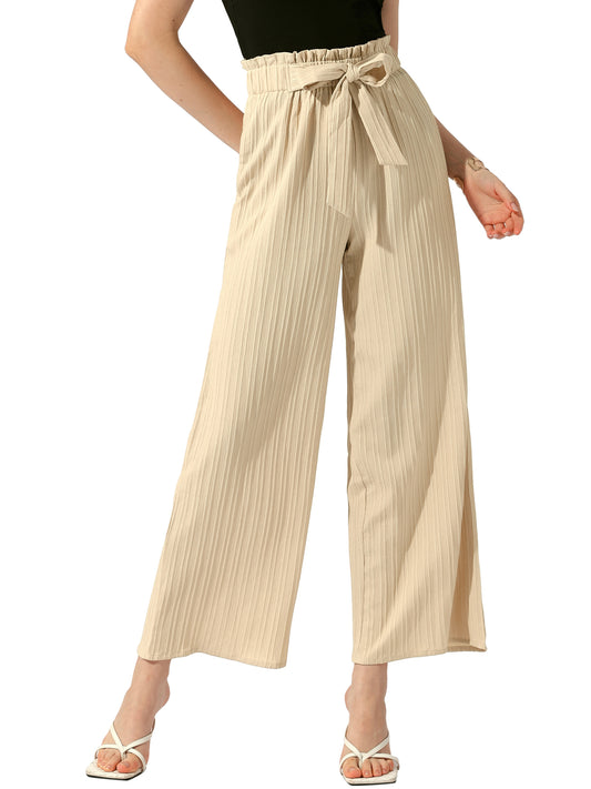 Pantalones casuales de oficina para mujer, de pierna ancha, con cintura elástica, nudo anudado, plisados ​​y bolsillos