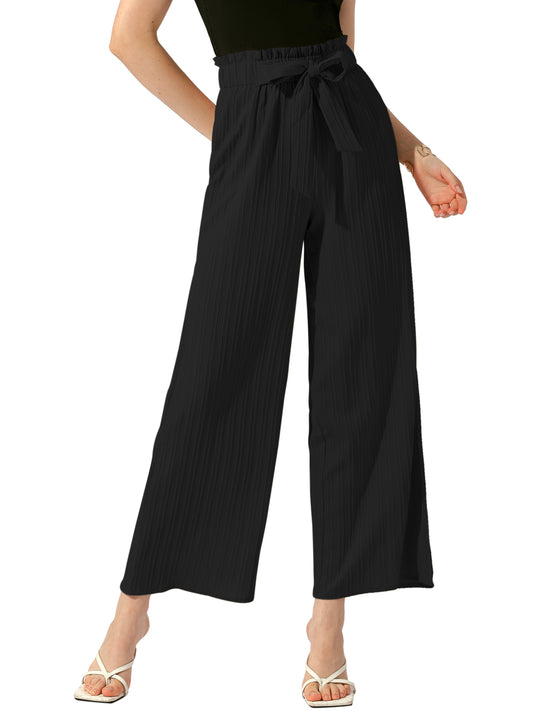 Pantalones casuales de oficina para mujer, de pierna ancha, con cintura elástica, nudo anudado, plisados ​​y bolsillos
