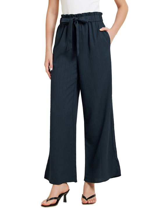 Pantalones casuales de oficina para mujer, de pierna ancha, con cintura elástica, nudo anudado, plisados ​​y bolsillos