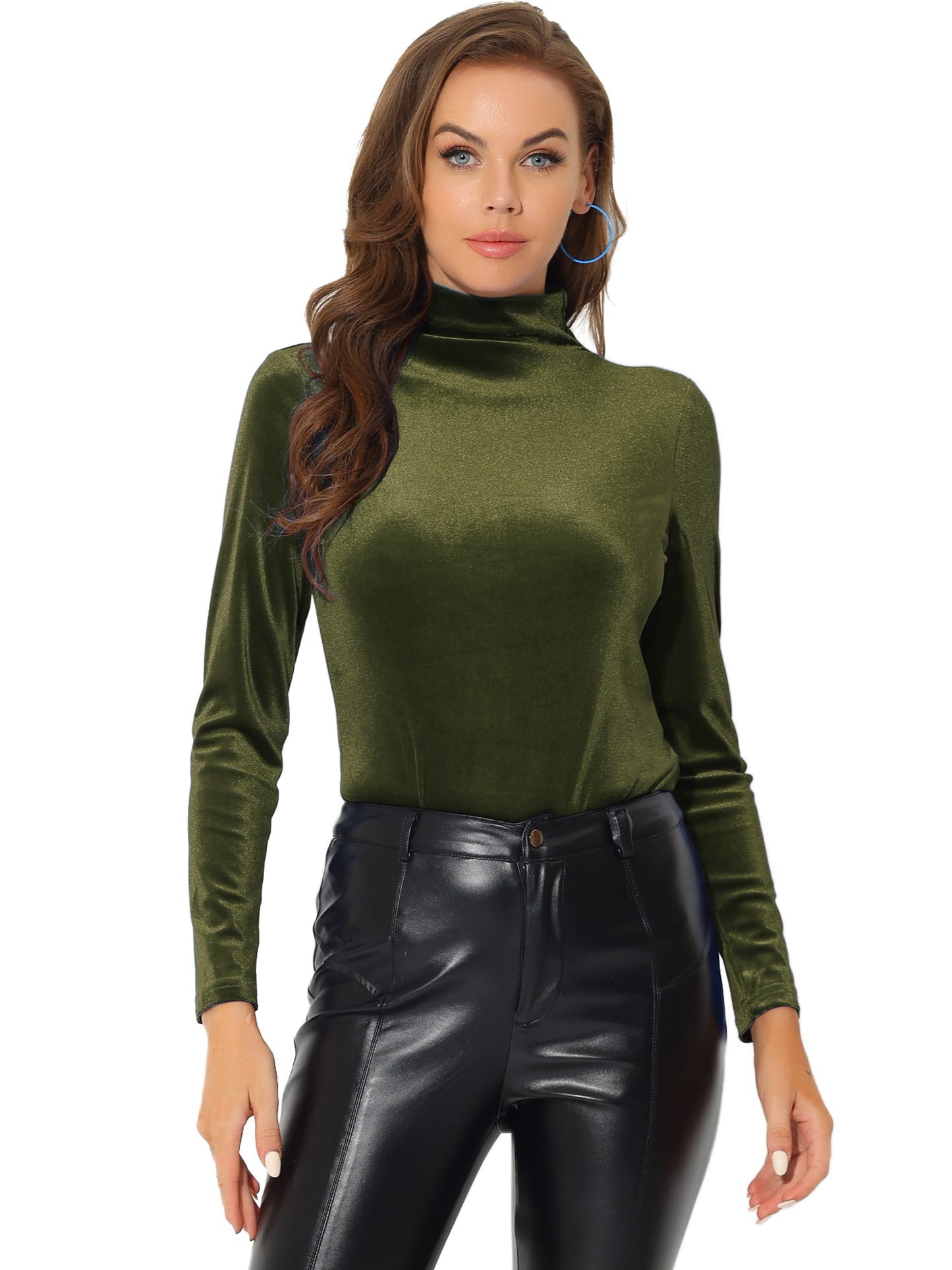 Women's Long Sleeve Shirt Mock Neck Velvet Turtleneck Blouse Tops