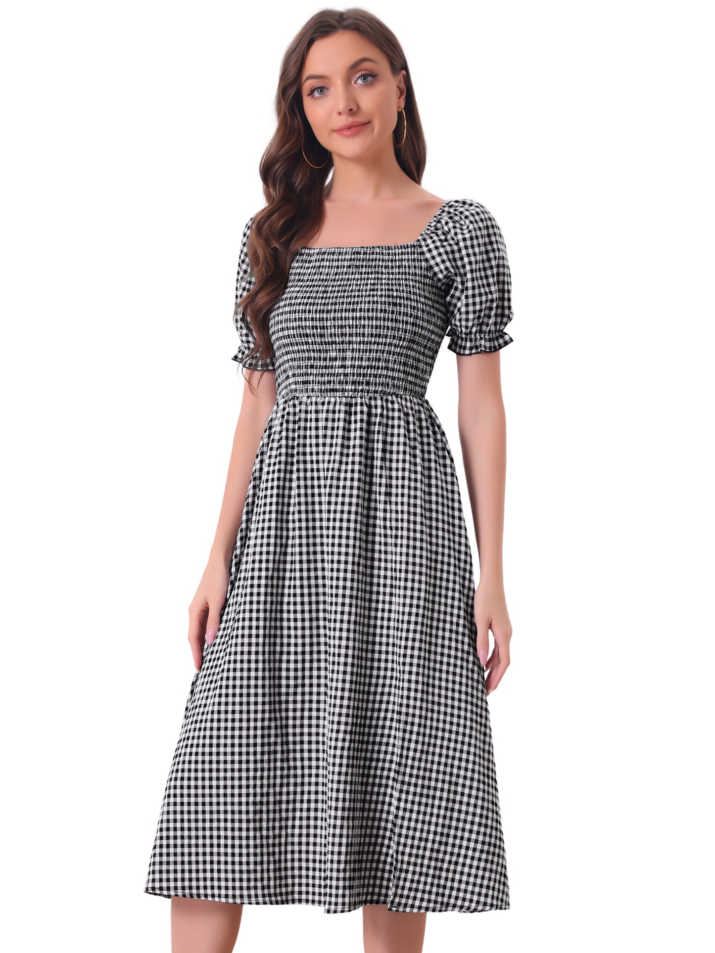 Women's Gingham Dress Peasant Smocked Puff Sleeve Checkered Fit and Flare Midi Dresses