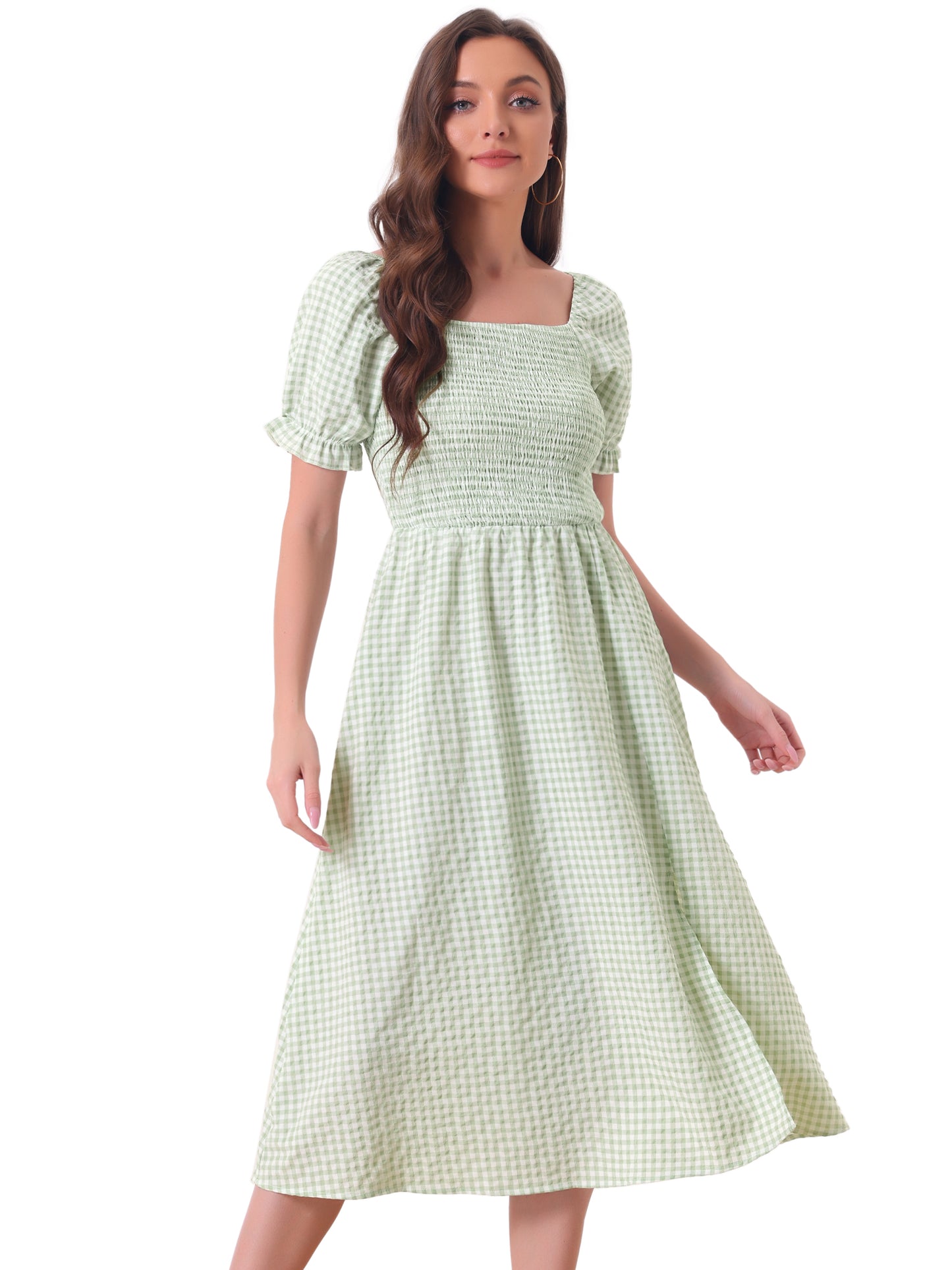 Women's Gingham Dress Peasant Smocked Puff Sleeve Checkered Fit and Flare Midi Dresses