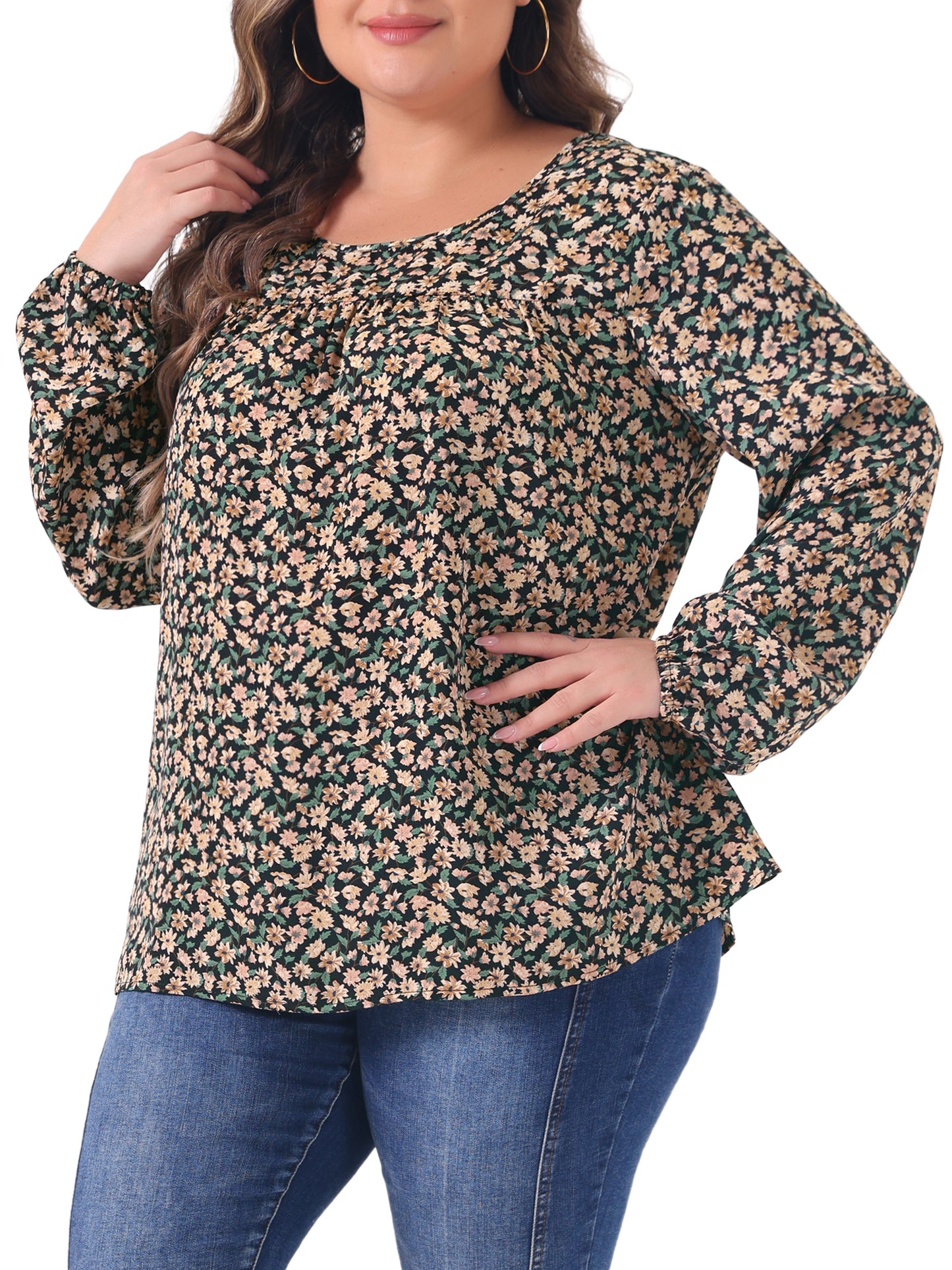 Women Plus Size Long Sleeve Floral Print Casual Blouse Top