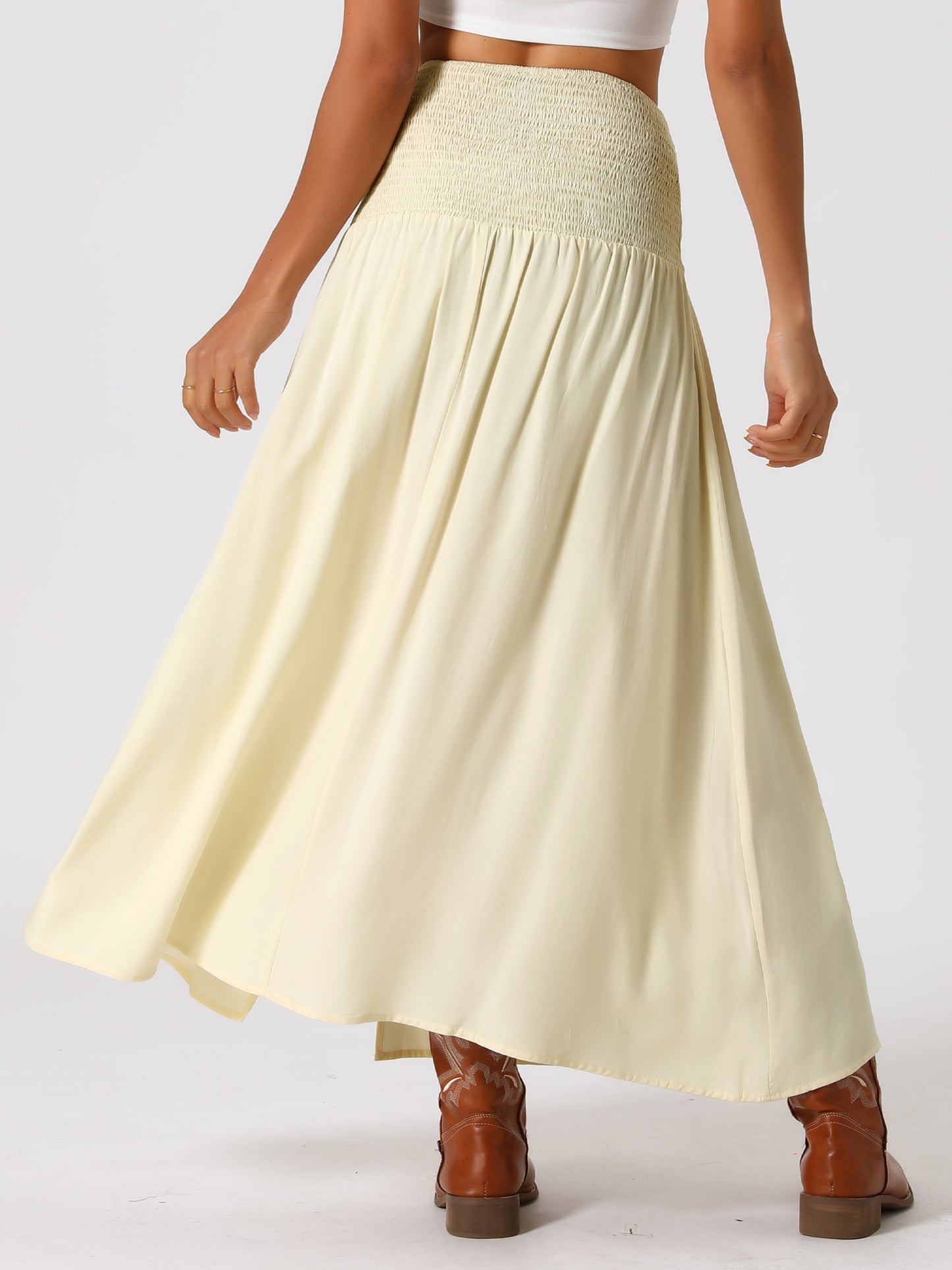 Women's Bohemian Keyhole Smocked Split High Waist Summer Midi Beach Skrit