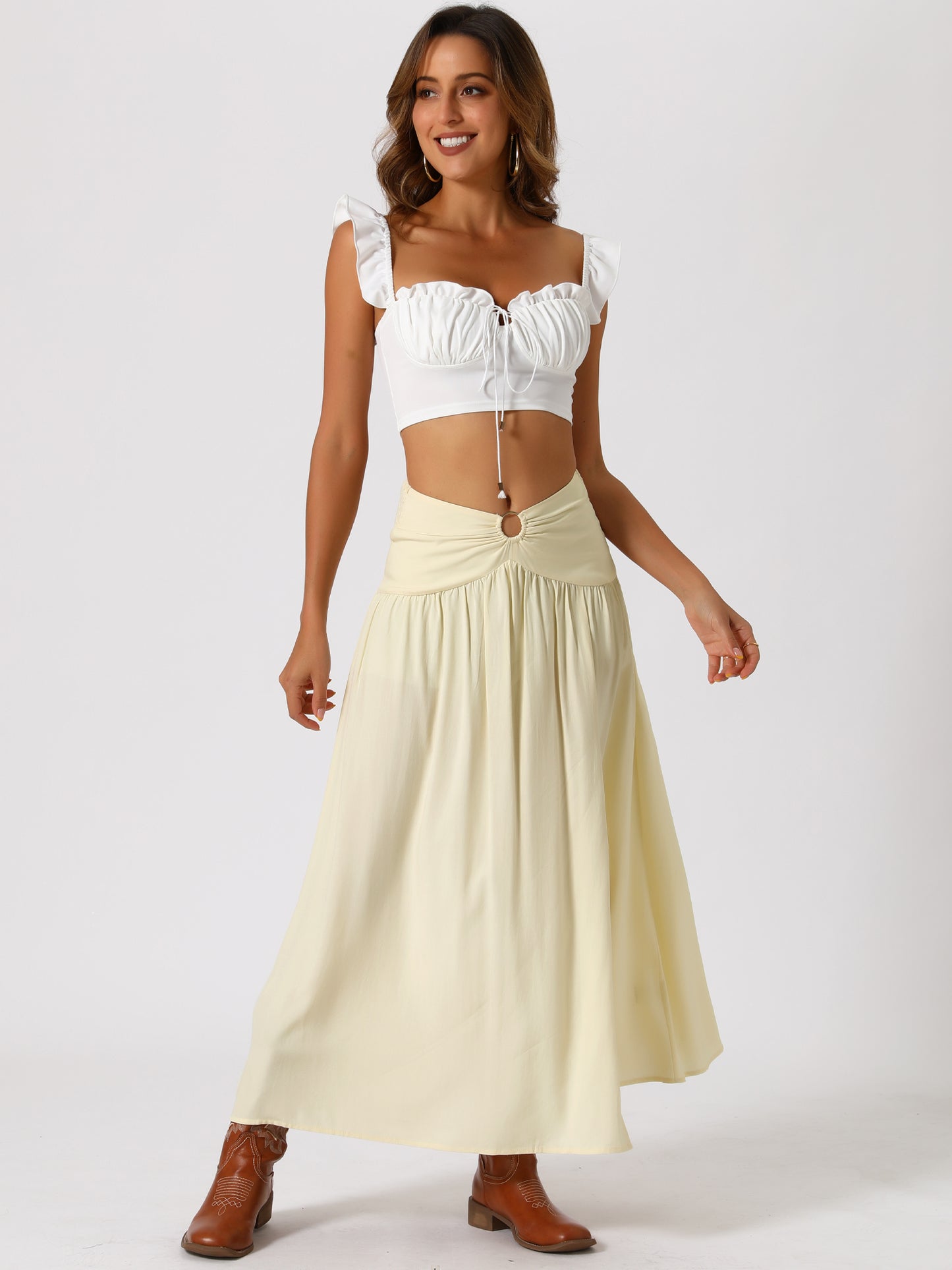 Women's Bohemian Keyhole Smocked Split High Waist Summer Midi Beach Skrit