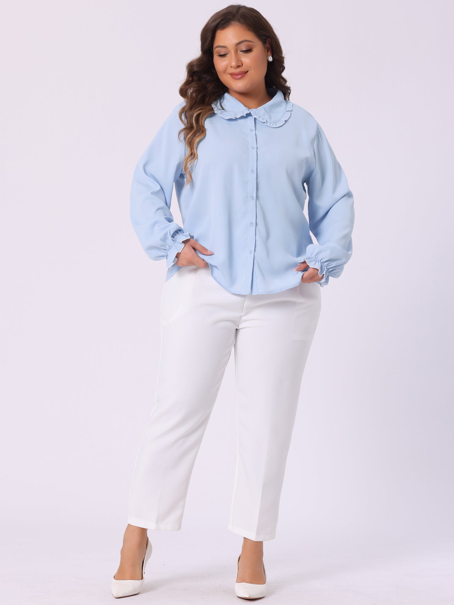 Women's Plus Size Top Peter Pan Long Sleeve Button Down Work Chiffon Shirt