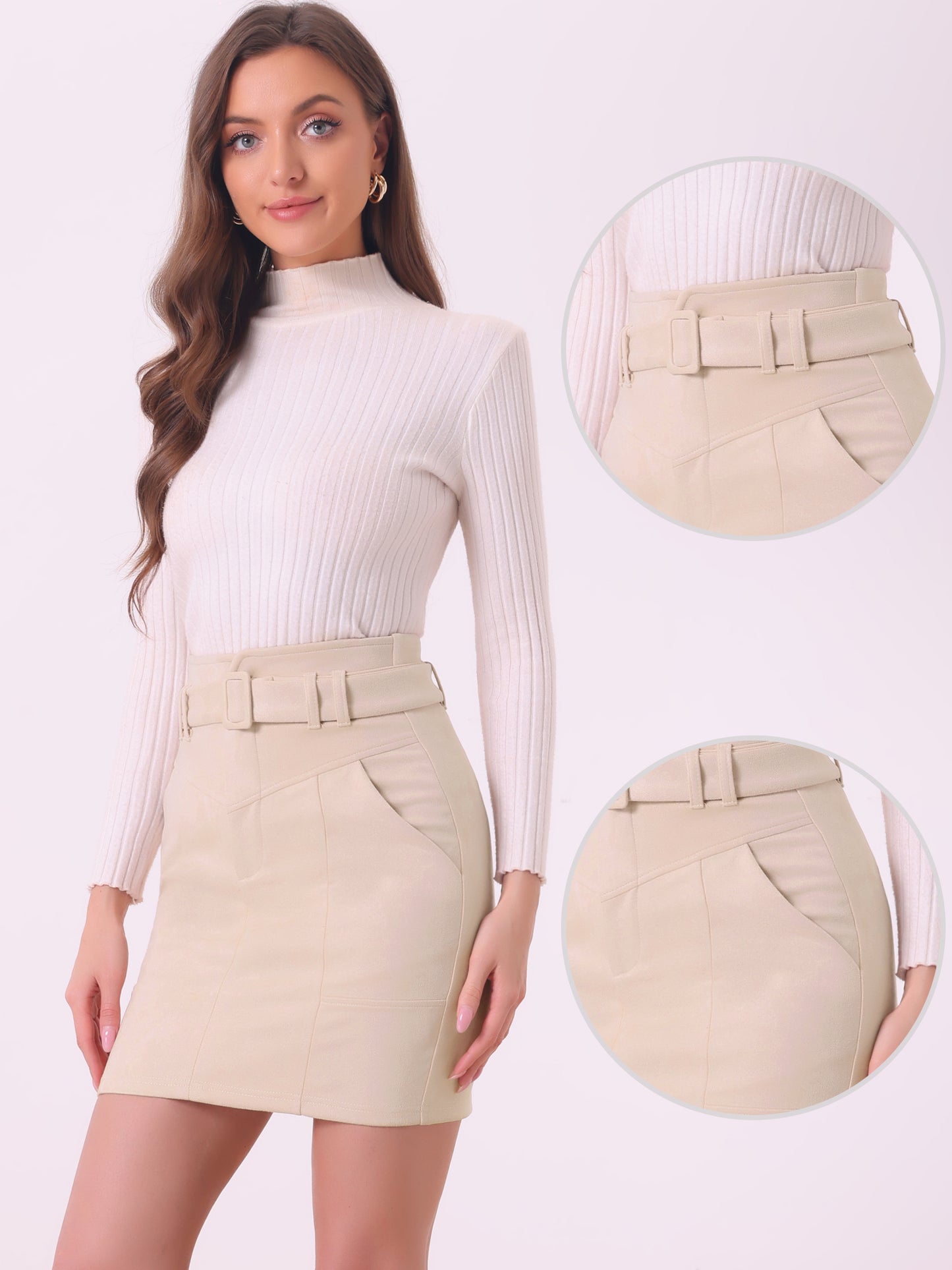 Women's Faux Suede Skirt High Waist Casual Belted Pencil Skirts