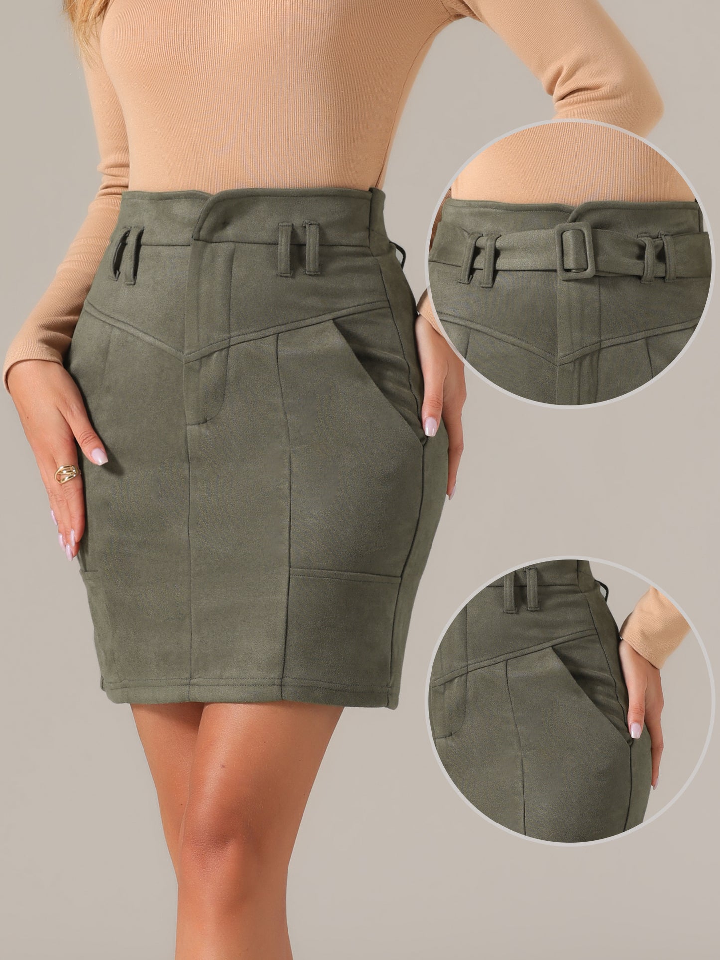 Women's Faux Suede Skirt High Waist Casual Belted Pencil Skirts