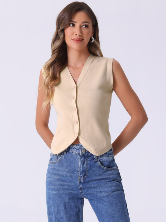 Women V Neck Cropped Sleeveless Button Up Cardigan Business Casual Knitted Tank Top Sweater Vest